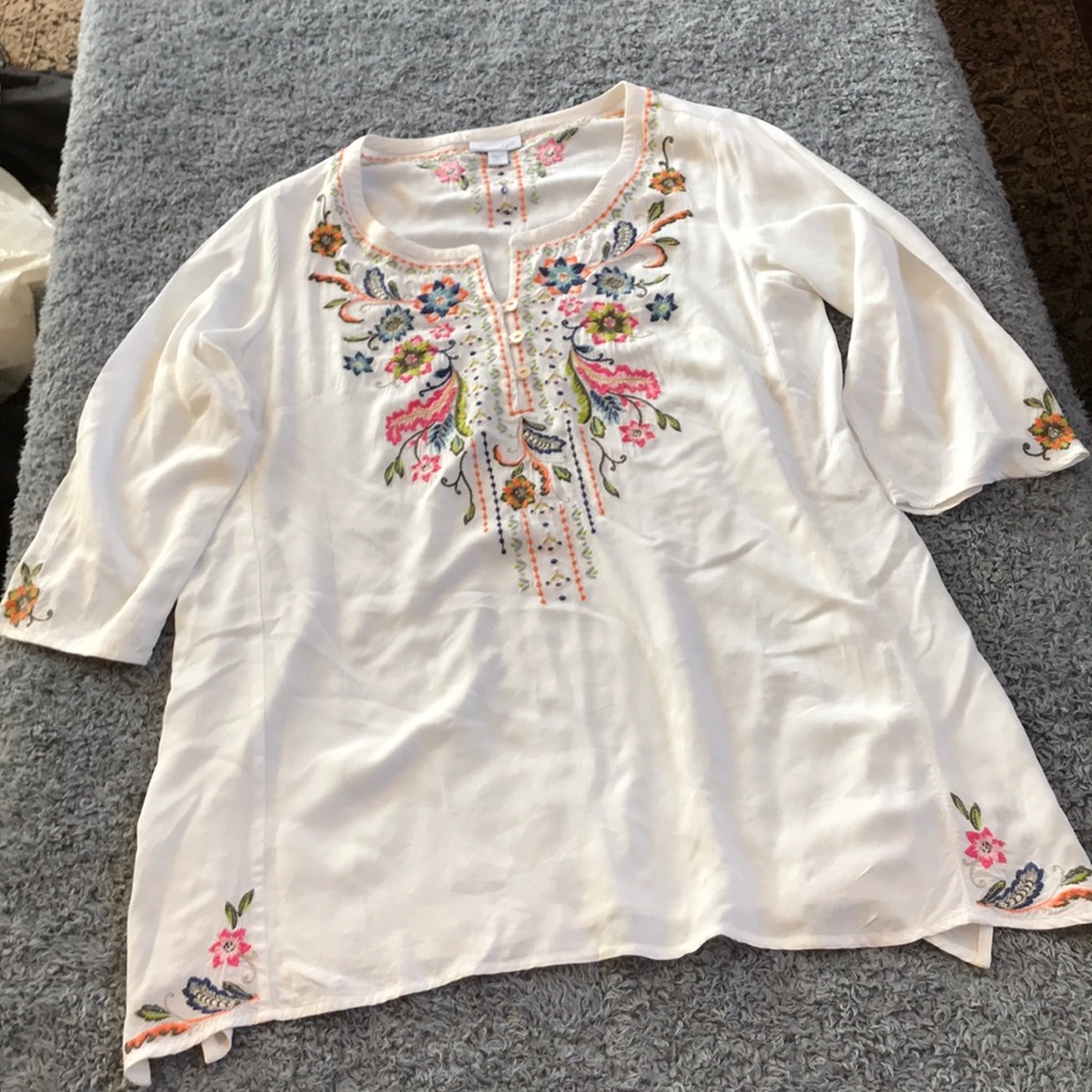 J. Jill White Embroidered Floral Cotton Tunic